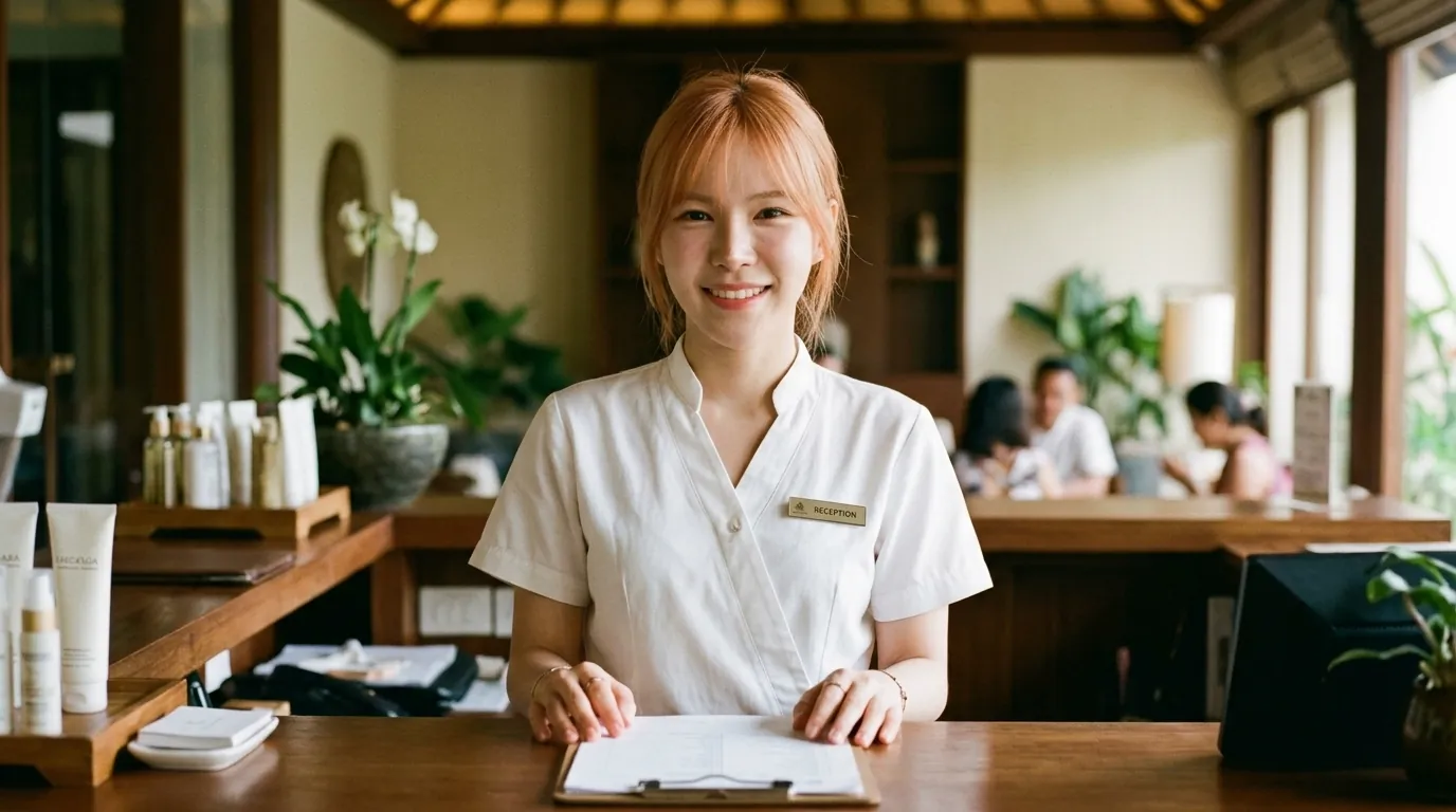 A smiling receptionist at a warm, wood-panelled spa front desk