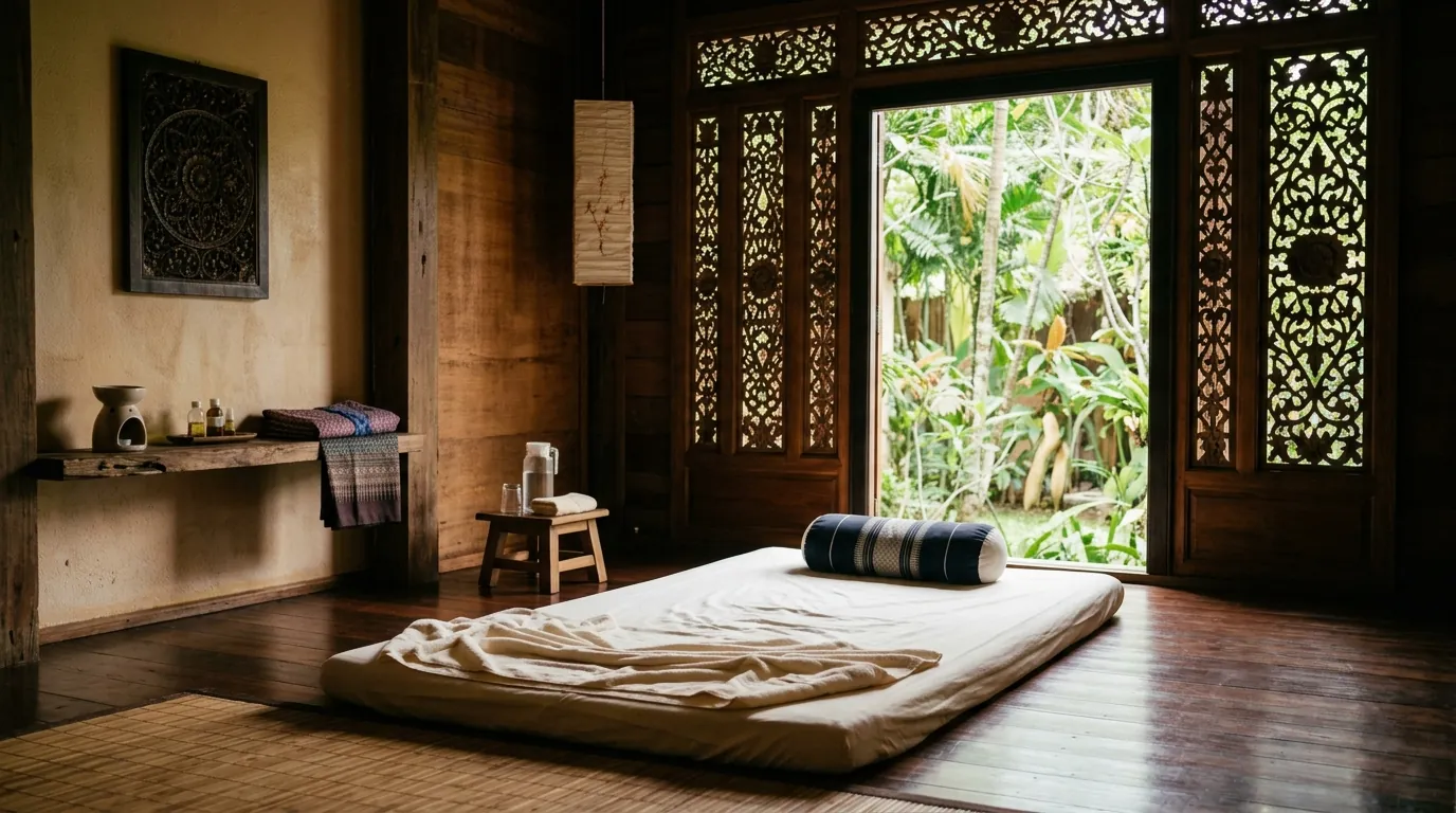 A calm Thai massage room with a floor mat, cushions and carved wooden screens